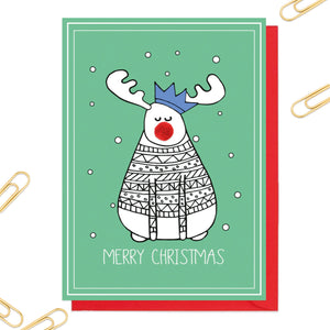 This green reindeer Christmas card has been finished with a cute red pom pom. 