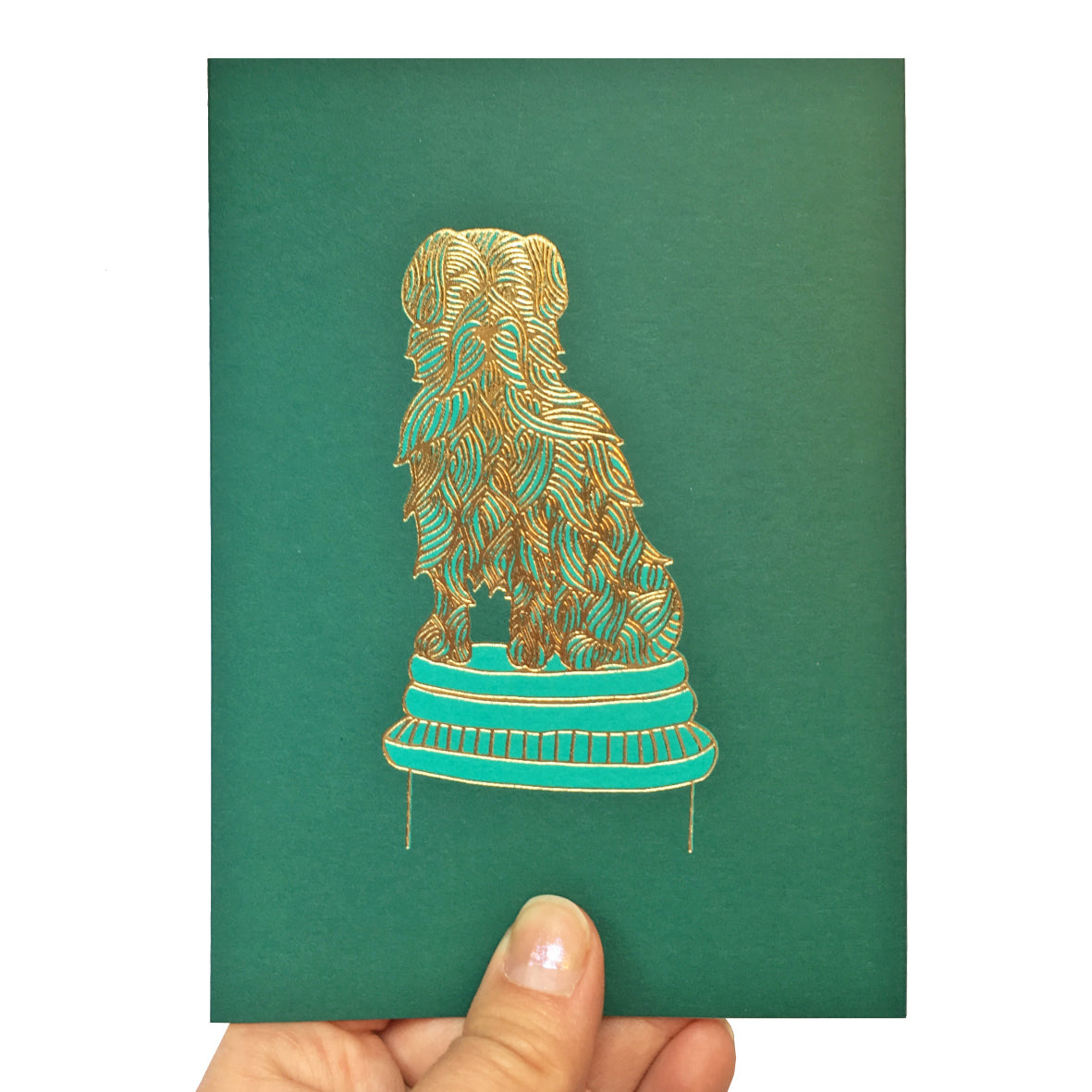 Card featuring a gold foiled Greyfriars Bobby illustration on a green background