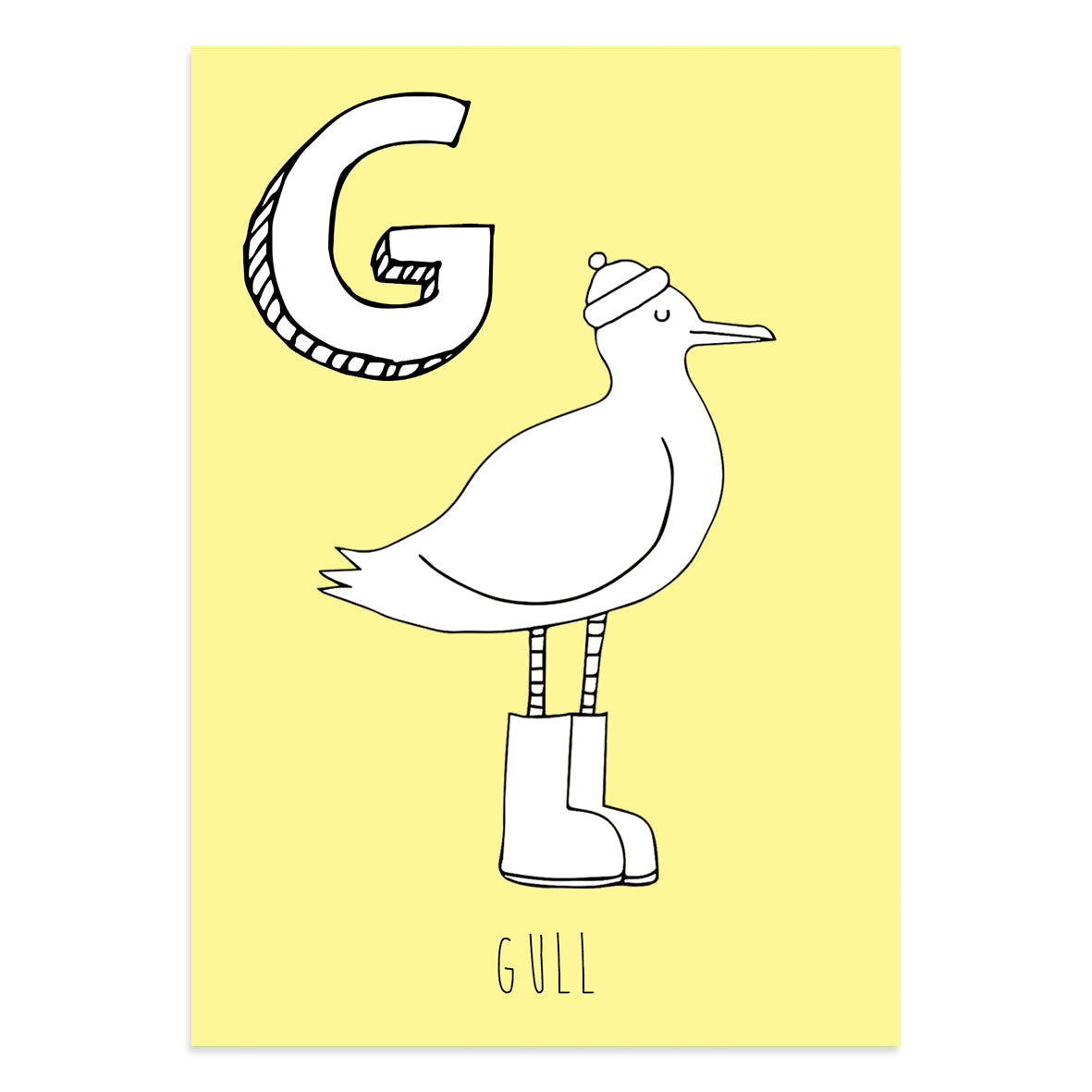 Yellow postcard with an illustration of a gull