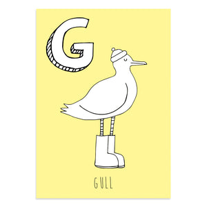 Yellow postcard with an illustration of a gull