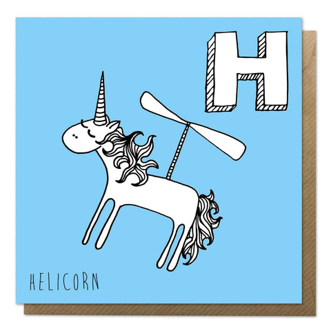 Blue alphabet unicorn card featuring helicopter unicorn