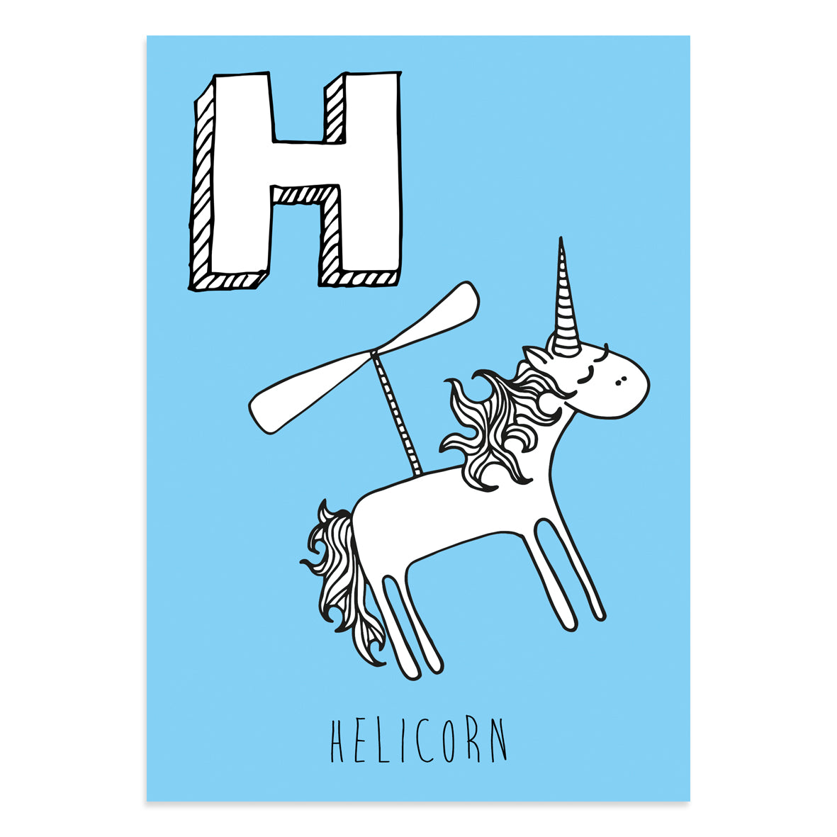 Unicorn postcard featuring H for helicorn