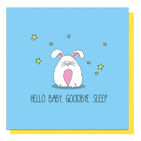 Blue new baby boy card with an illustration of a fluffy rabbit