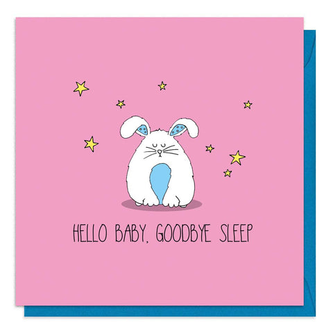 Pink baby girl card with an illustration of a cute rabbit