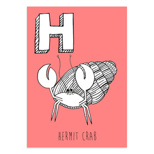 Red postcard featuring a hermit crab