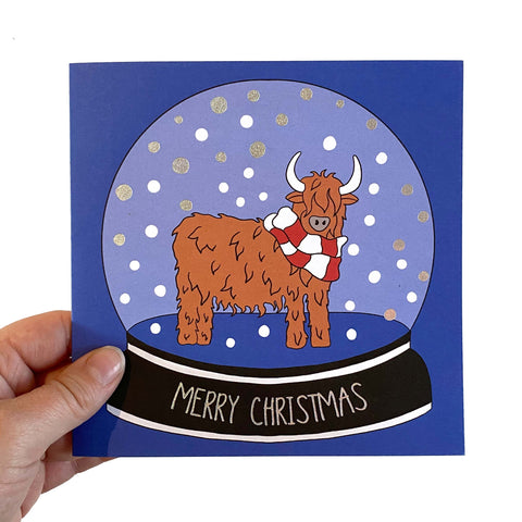 Snow Globe Highland Cow Christmas Card - Neon Magpie