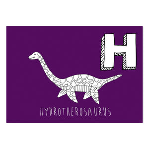 Purple postcard featuring the letter H for hydrotherosaurus