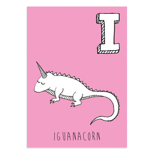 Unicorn postcard featuring I for iguanacorn