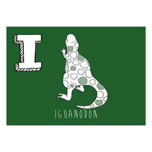 Green postcard featuring the letter I for iguanodon