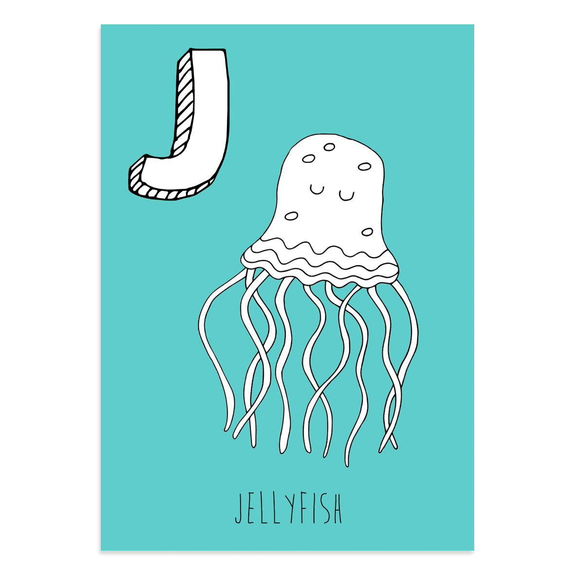 Turquoise postcard featuring a J for jellyfish