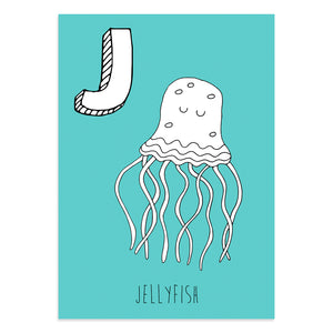 Turquoise postcard featuring a J for jellyfish