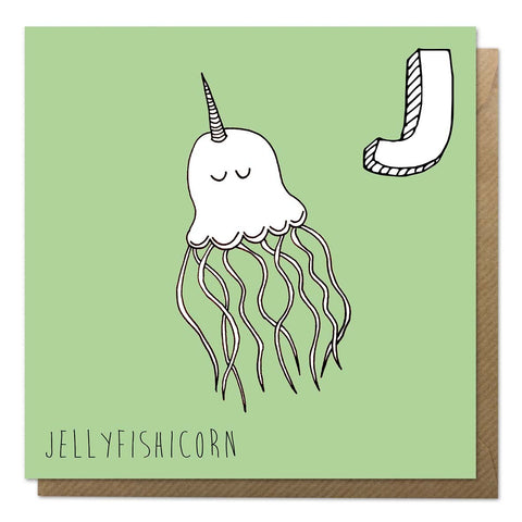 Green unicorn alphabet card with an illustration of jellyfish unicorn
