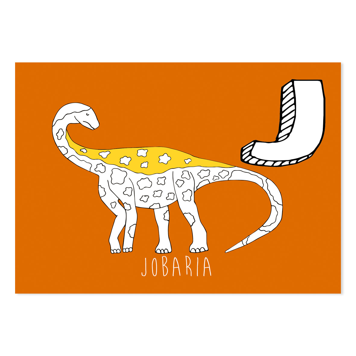 Orange postcard featuring the letter J for jobaria