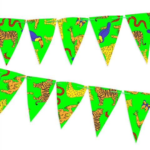 Green paper bunting covered with jungle animals