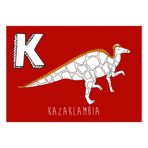 Red postcard featuring an K for kazaklambia