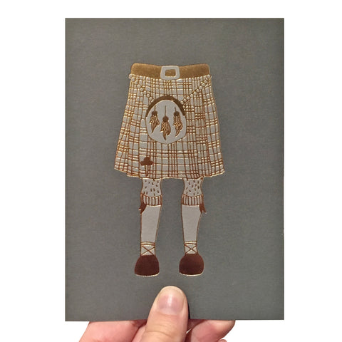 Grey greeting card with an illustration of a kilt printed in gold foil