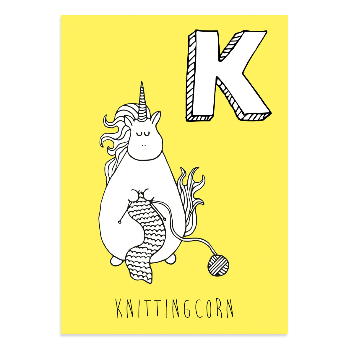 Unicorn postcard featuring K for knittingcorn