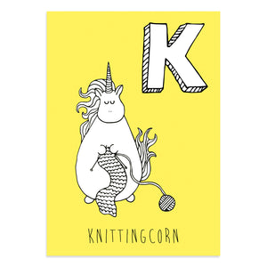 Unicorn postcard featuring K for knittingcorn