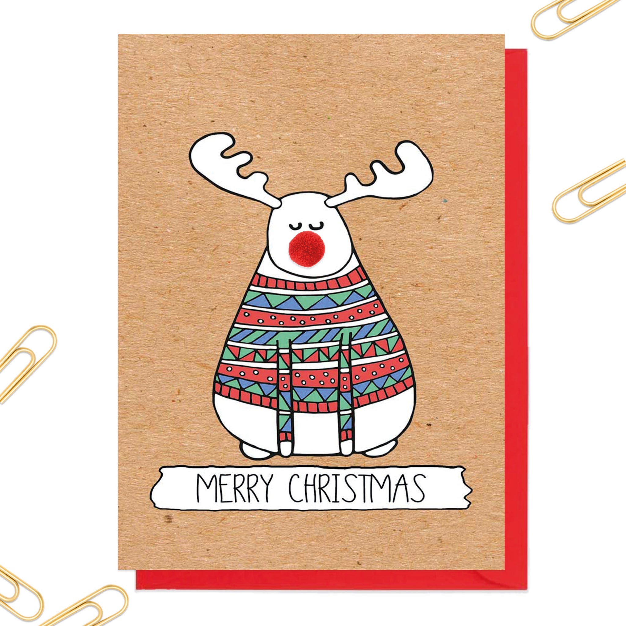 Kraft Reindeer Pom Pom Christmas Card - Neon Magpie