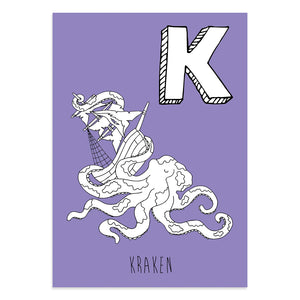 Purple postcard with a K for kraken