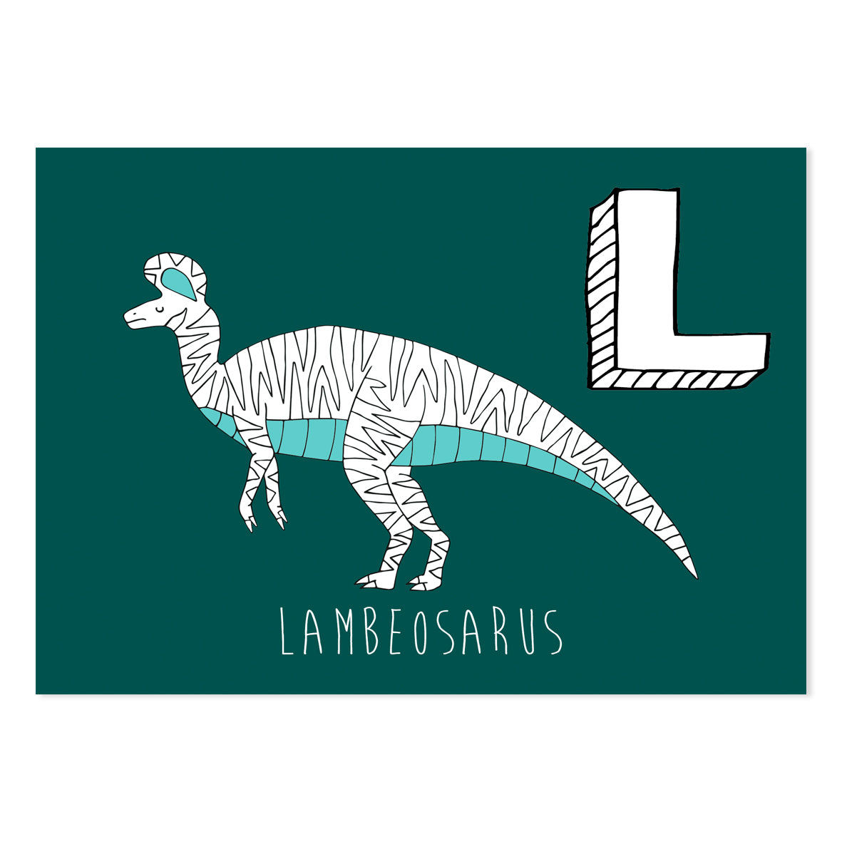 Turquoise postcard featuring the letter L for lambeosaurus
