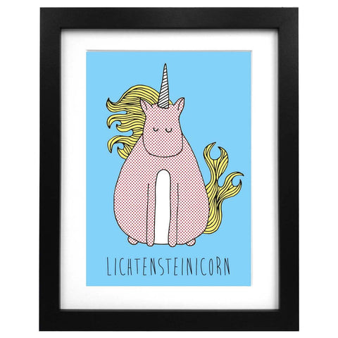 A3 size art print with an illustration of Lichenstein unicorn