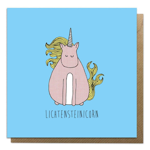 Blue greeting card with an illustration of Lichenstein unicorn