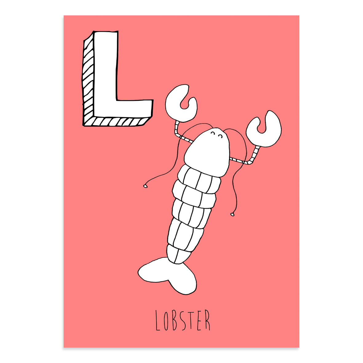 Red postcard featuring an L for lobster