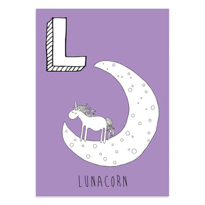Unicorn postcard featuring L for lunacorn