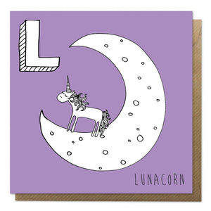Purple unicorn alphabet card with an illustration of a lunar unicorn