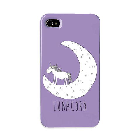Purple phone case with an illustration of a lunacorn