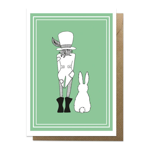 Green greeting card with an illustration of Mad Hatter 