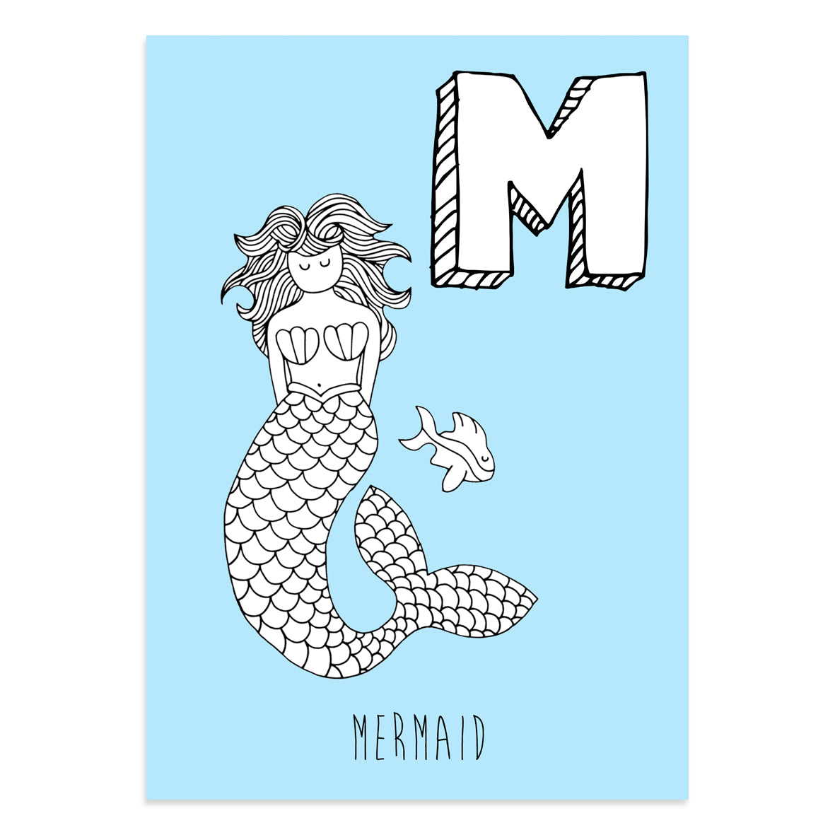 Blue postcard featuring the letter M for mermaid