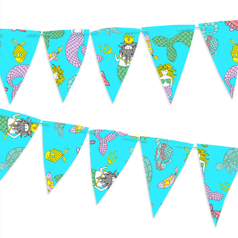 Blue bunting covered with mermaids and fish