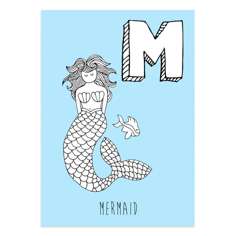 Blue postcard featuring the letter M for mermaid