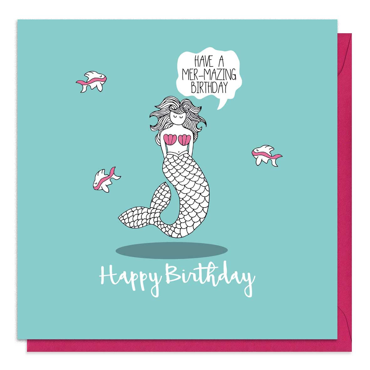 Turquoise birthday card with an illustration of a mermaid