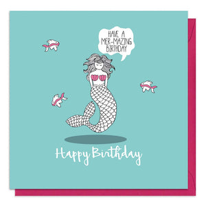 Turquoise birthday card with an illustration of a mermaid