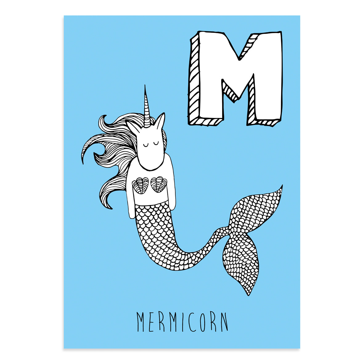 Unicorn postcard featuring M for Mermicorn