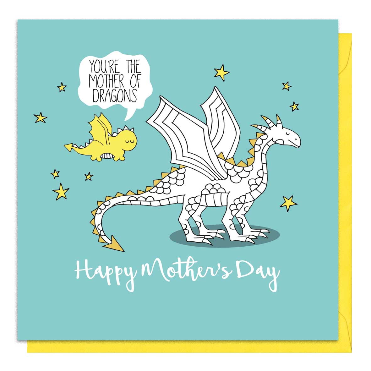 Blue mother's day card featuring an illustration of a mother and baby dragon