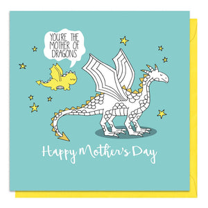 Blue mother's day card featuring an illustration of a mother and baby dragon
