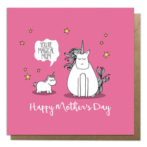 Pink mother's day card featuring and illustration of a mother and baby unicorn