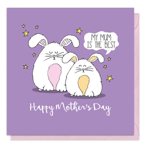 Purple mother's day card featuring an illustration of a mother and baby rabbit