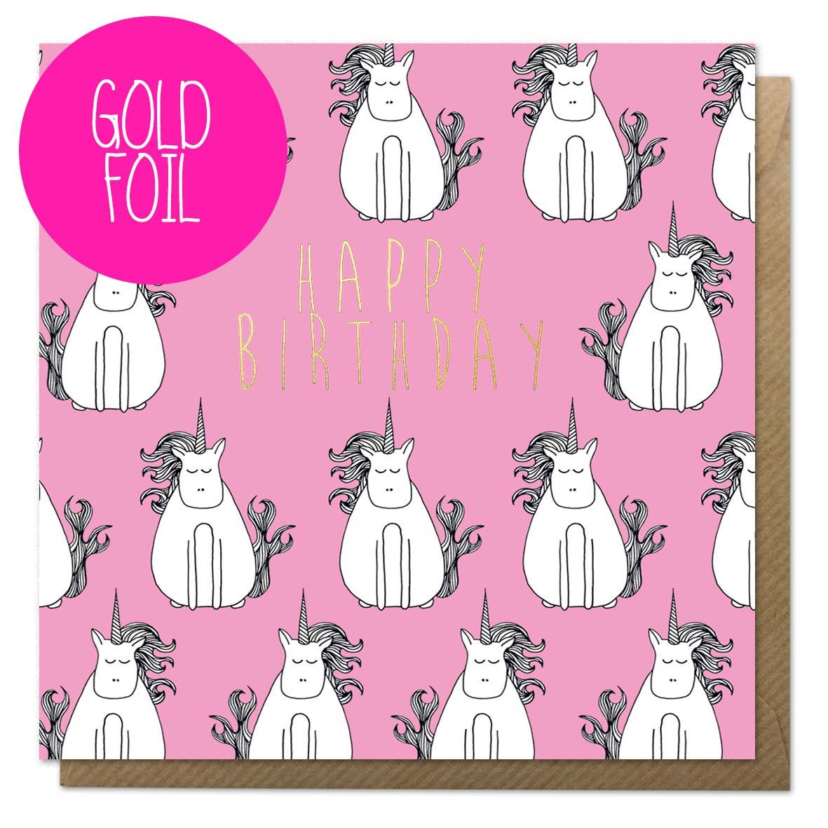 Pink birthday card with unicorn illustrations and gold foil
