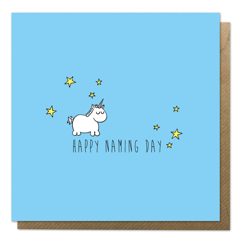 Blue naming day card with an illustration of a baby unicorn
