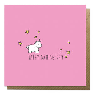 Pink naming day card with an illustration of a baby unicorn