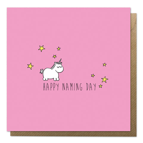 Pink naming day card with an illustration of a baby unicorn