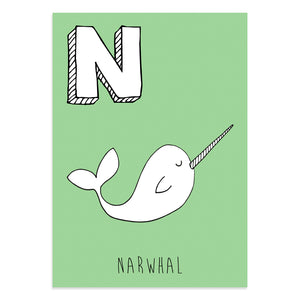 Unicorn postcard featuring N for narwhal