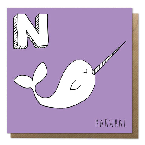 Purple unicorn alphabet card featuring an illustration of a narwhal