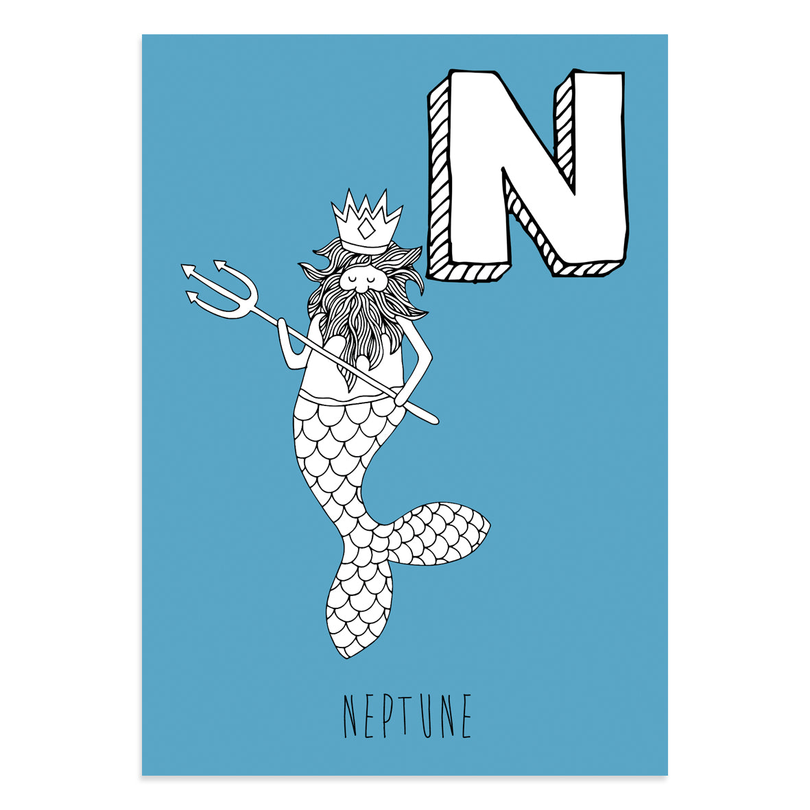 Blue postcard featuring the letter N for neptune