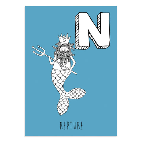 Blue postcard featuring the letter N for neptune